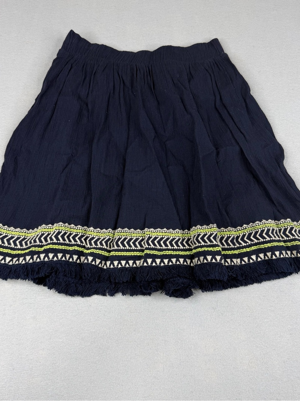 LOFT Skirt Womens XXS Navy Embroidered Fringe Boho Cotton Mini Lined